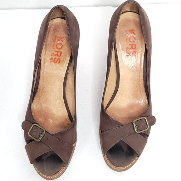 Michael Kors Open Toes Brown Heels Size 10M GENUINE All LEATHER SHOES Wood Heel - Picture 4 of 7